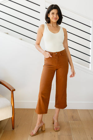 Judy Blue Hi Rise Tummy Control Wide Leg Crop Jeans in Caramel