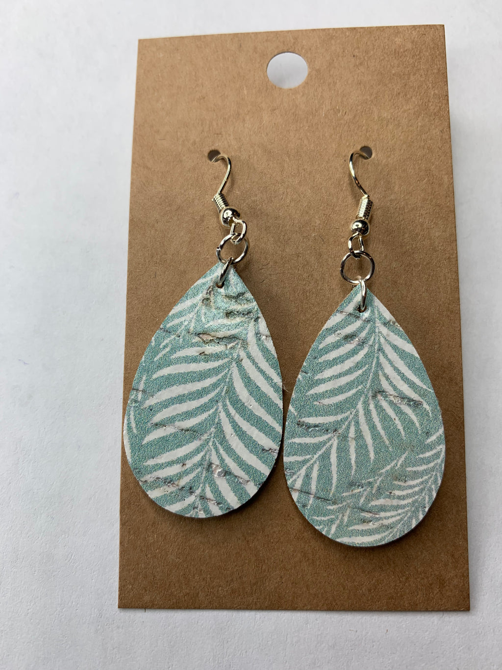 Seafoam Palm leaf Tear Drop - Leather Earring