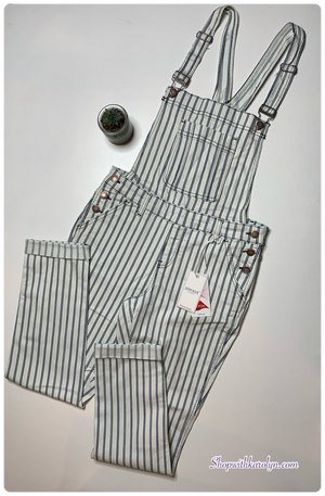 Judy Blue Mid Rise White Denim Striped Boyfriend Overall