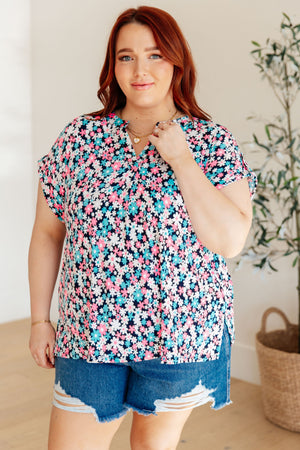 Lizzy Cap Sleeve Top in Navy and Hot Pink Floral