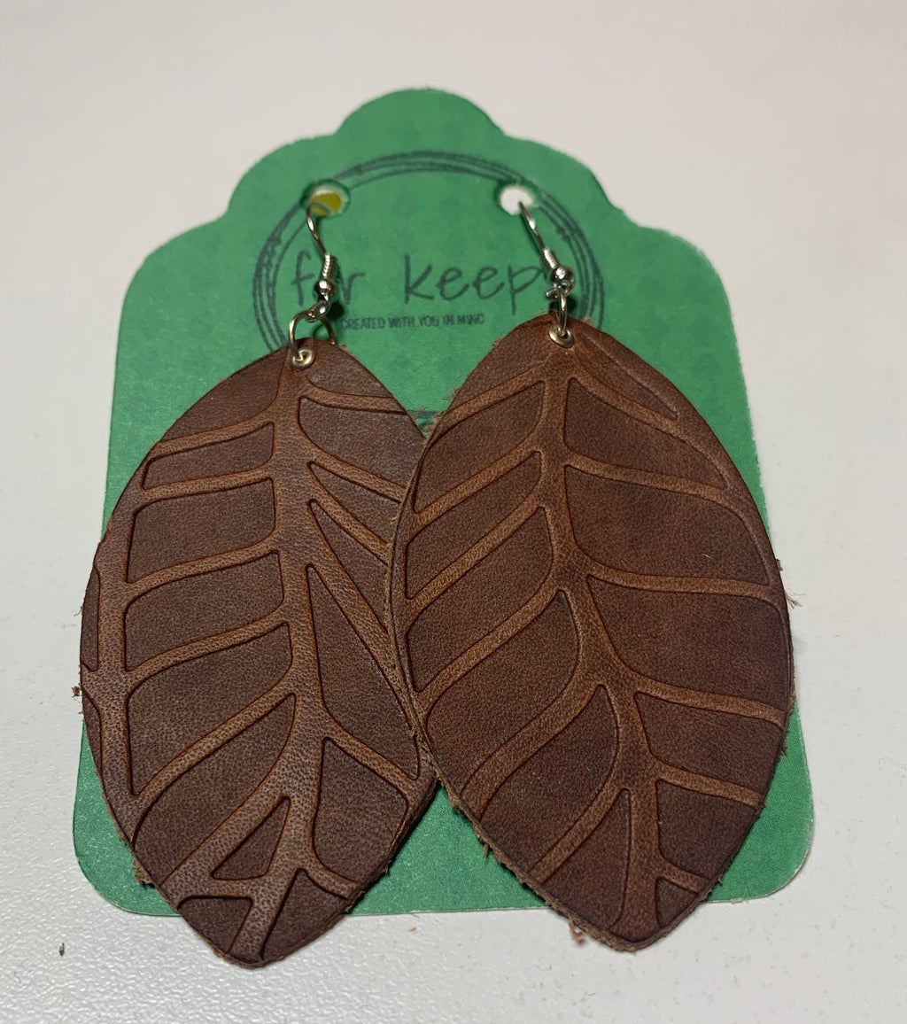 Leather Earring - Leaves - Aged Brandy Leaf Embossed Large