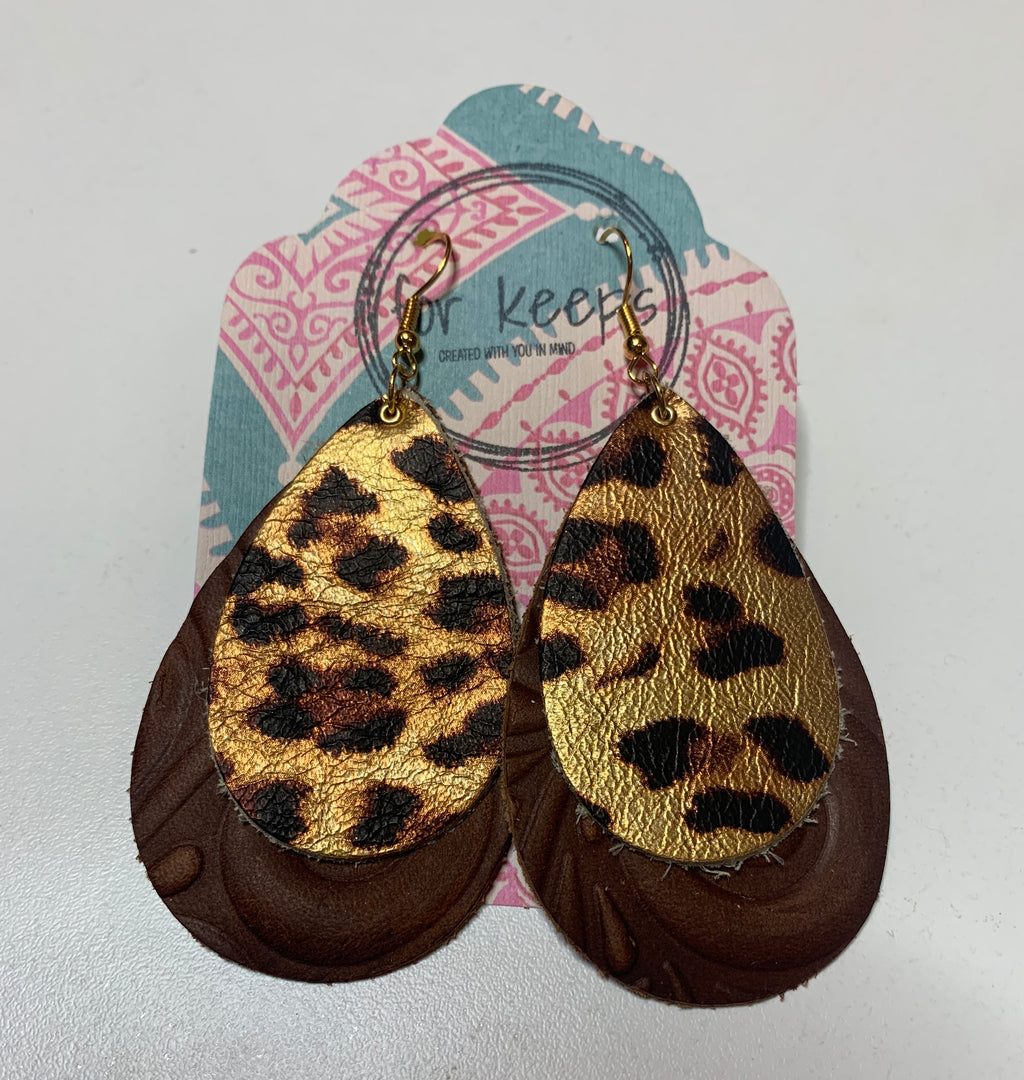 Leather Earring - Double Tear Drop Lg Aged Brand Swirl Embossed - Medium Gold Leopard