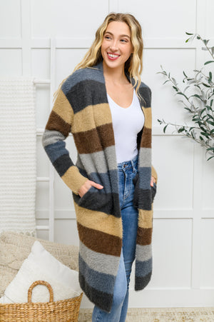 Fuzzy Longline Cardigan In Blue & Cocoa