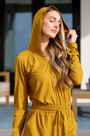 Getting Out Long Sleeve Hoodie Romper Gold Spice by Rae Mode