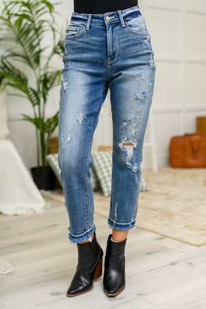 Judy Blue High Rise Distressed Hem Straight Leg Cropped Jeans