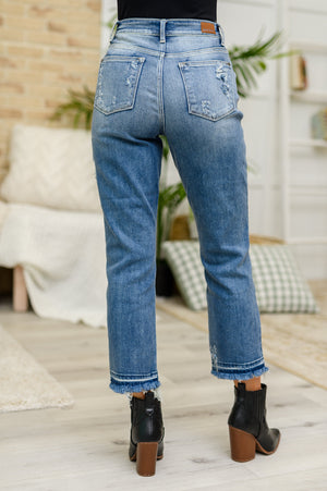 Judy Blue High Rise Distressed Hem Straight Leg Cropped Jeans