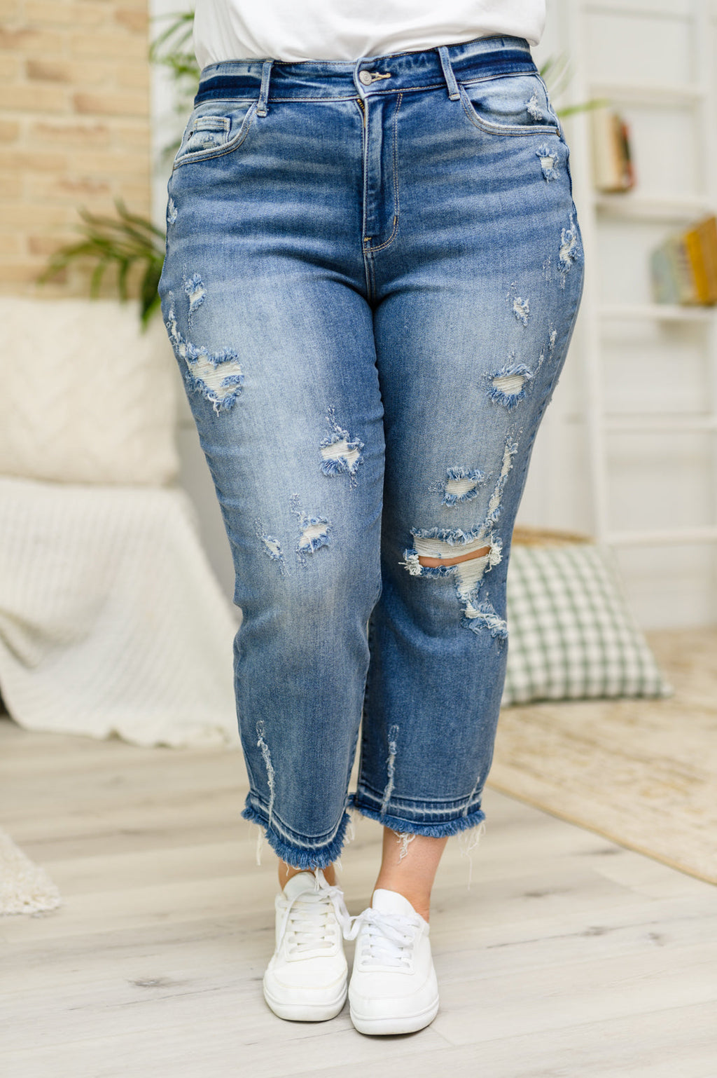 Judy Blue High Rise Distressed Hem Straight Leg Cropped Jeans