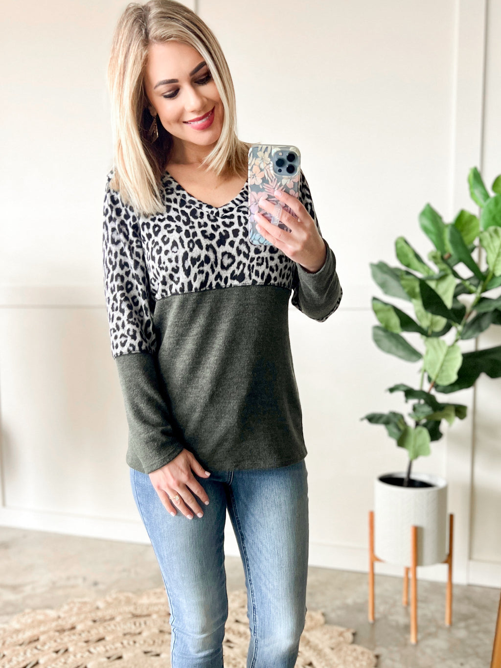 Olive Color Block Top In Snow Leopard