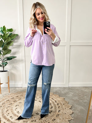 Light Fleece Lined Shacket In Shimmering Violet