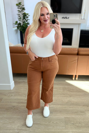 Judy Blue Hi Rise Tummy Control Wide Leg Crop Jeans in Camel