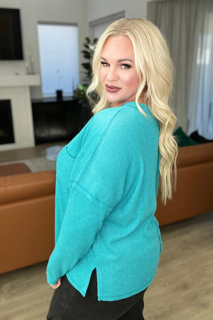 Zenana Ribbed Brushed Hacci Sweater in Light Teal