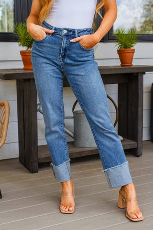 RISEN Hi Rise Cuffed Straight Leg Jeans