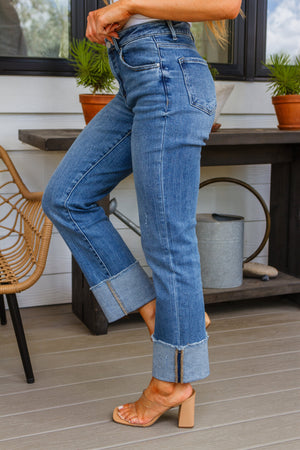 RISEN Hi Rise Cuffed Straight Leg Jeans