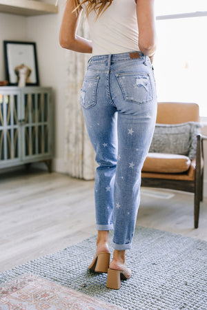 Judy Blue Mid Rise Star Crossed Distressed Boyfriend Jeans