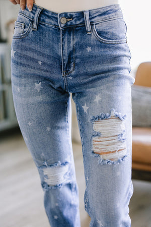 Judy Blue Mid Rise Star Crossed Distressed Boyfriend Jeans