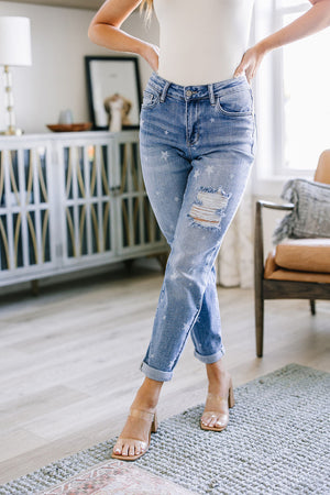 Judy Blue Mid Rise Star Crossed Distressed Boyfriend Jeans