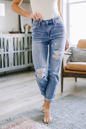 Judy Blue Mid Rise Star Crossed Distressed Boyfriend Jeans