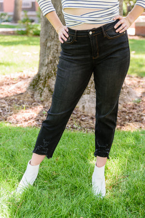 Judy Blue High Rise Destroyed Hem Black Straight Leg Crop Jeans