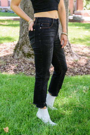 Judy Blue High Rise Destroyed Hem Black Straight Leg Crop Jeans