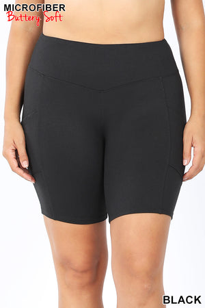 Biker Shorts Yoga Band w/ pockets BLACK - Buttery Soft by Zenana