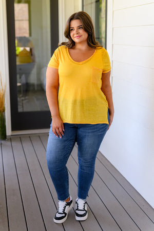 Zenana Melange Burnout V-Neck T-Shirt in Yellow Gold