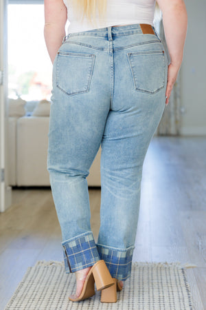 Judy Blue Hi Rise Vintage Plaid Cuffed Straight Leg Jeans