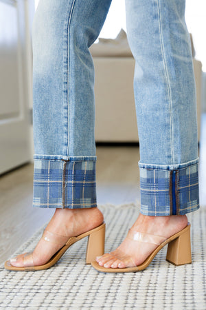 Judy Blue Hi Rise Vintage Plaid Cuffed Straight Leg Jeans