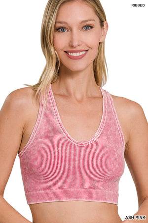 Ribbed Cropped Racerback Mineral Washed Tank Top Brami bralette by Zenana - 33 colors