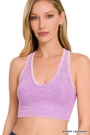 Ribbed Cropped Racerback Mineral Washed Tank Top Brami bralette by Zenana - 33 colors
