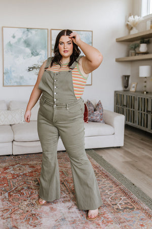 Judy Blue High Rise Control Top Release Hem Overalls in Olive