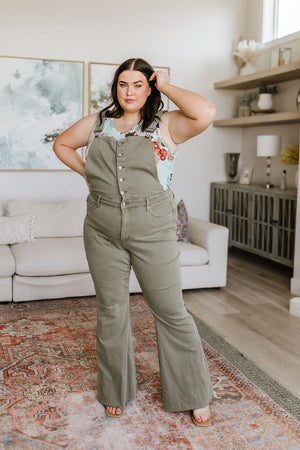 Judy Blue High Rise Control Top Release Hem Overalls in Olive