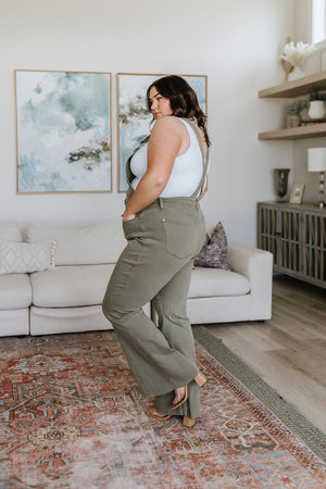 Judy Blue High Rise Control Top Release Hem Overalls in Olive