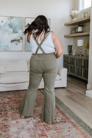 Judy Blue High Rise Control Top Release Hem Overalls in Olive