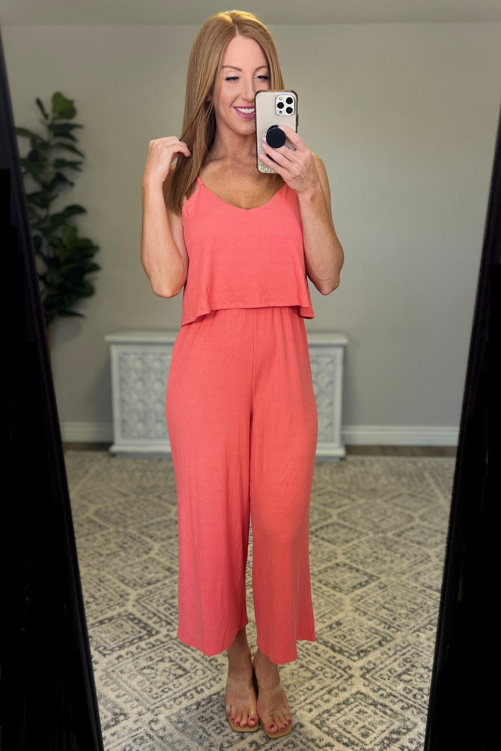 Zenana Ribbed Double Layer Jumpsuit in Deep Coral