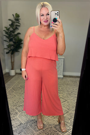 Zenana Ribbed Double Layer Jumpsuit in Deep Coral