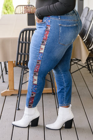 Judy Blue Mid Rise Western Print Relaxed Jeans