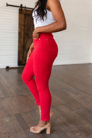 Judy Blue High Rise Control Top Garment Dyed Skinny Jeans in Ruby Red