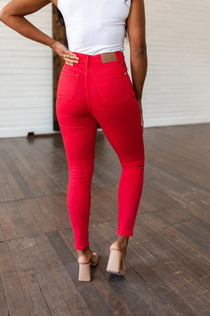 Judy Blue High Rise Control Top Garment Dyed Skinny Jeans in Ruby Red