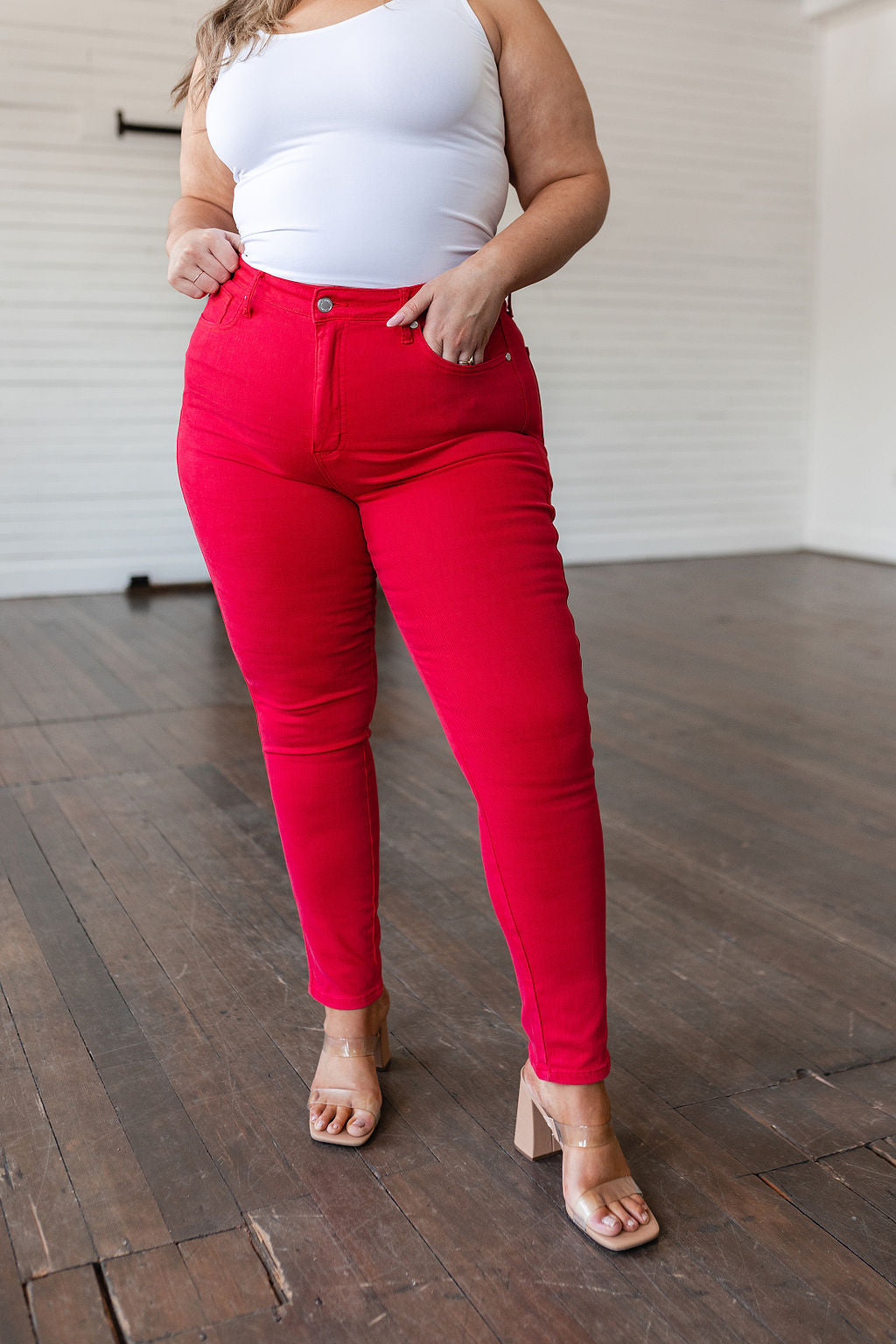 Judy Blue High Rise Control Top Garment Dyed Skinny Jeans in Ruby Red