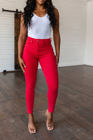 Judy Blue High Rise Control Top Garment Dyed Skinny Jeans in Ruby Red