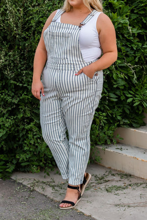 Judy Blue Mid Rise White Denim Striped Boyfriend Overall