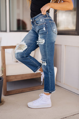 Risen Mid Rise Sequin Patch Straight Tapered Jeans