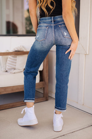 Risen Mid Rise Sequin Patch Straight Tapered Jeans