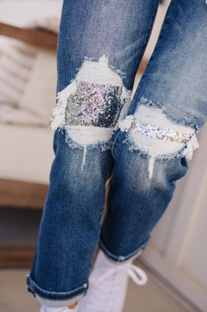 Risen Mid Rise Sequin Patch Straight Tapered Jeans