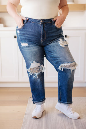 Risen Mid Rise Sequin Patch Straight Tapered Jeans