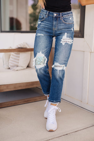 Risen Mid Rise Sequin Patch Straight Tapered Jeans