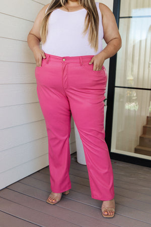 Judy Blue High Rise Tummy Control Faux Leather Straight Leg Pants in Hot Pink