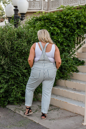 Judy Blue Mid Rise White Denim Striped Boyfriend Overall