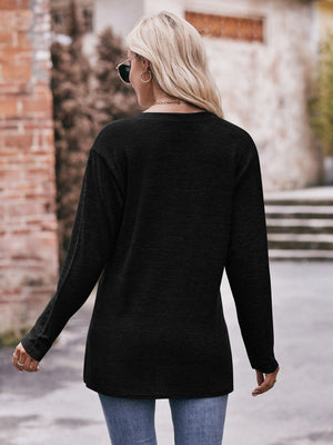 Buttoned Notch Neck Long Sleeve Top - 6 colors