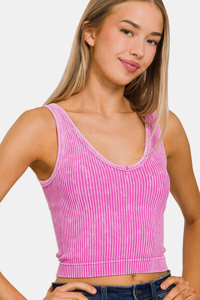 Zenana Washed Ribbed Cropped 2 way neckline Tank in Mauve